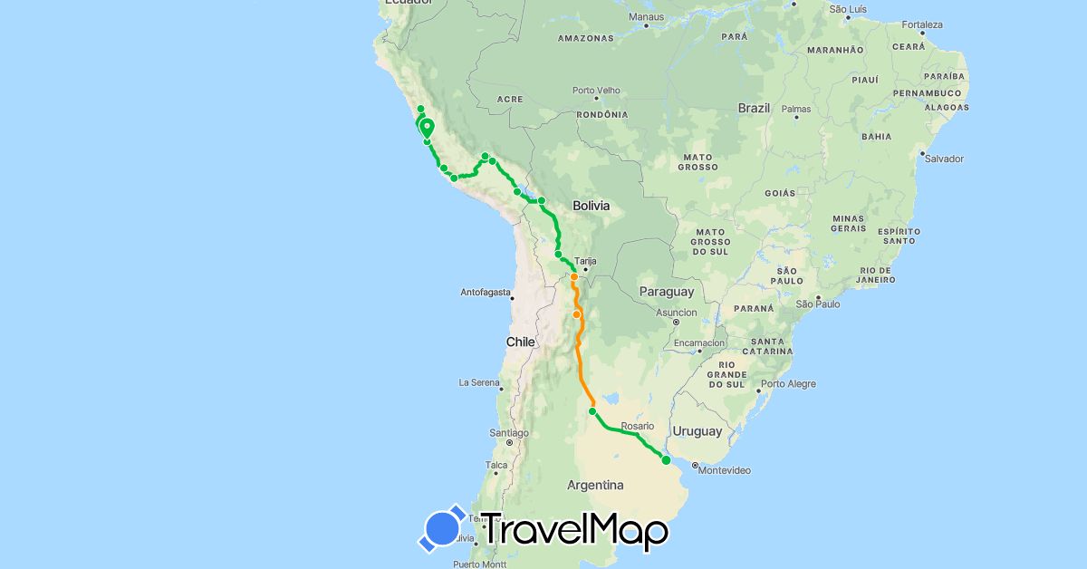 TravelMap itinerary: driving, bus, hitchhiking in Argentina, Bolivia, Cuba, Peru (North America, South America)