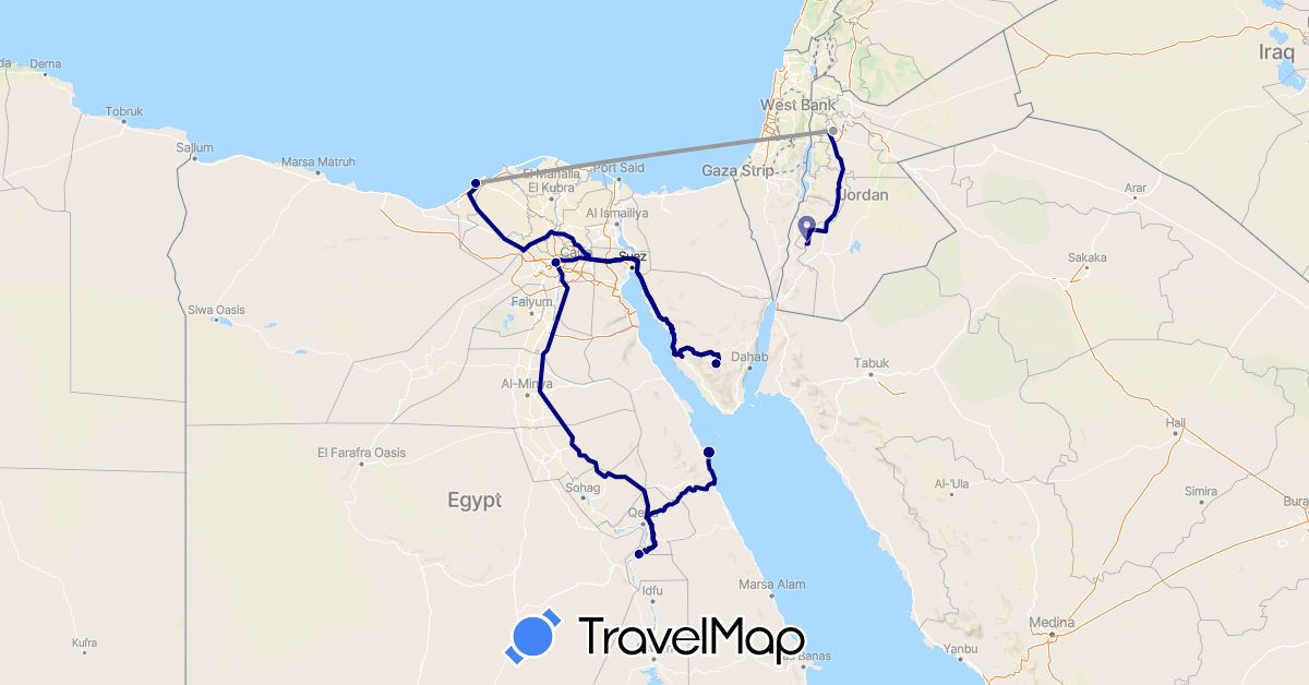 TravelMap itinerary: driving, plane in Egypt, Jordan (Africa, Asia)