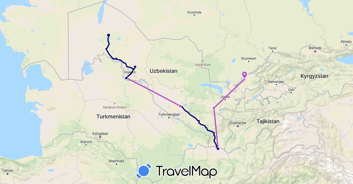 TravelMap itinerary: driving, train in Uzbekistan (Asia)